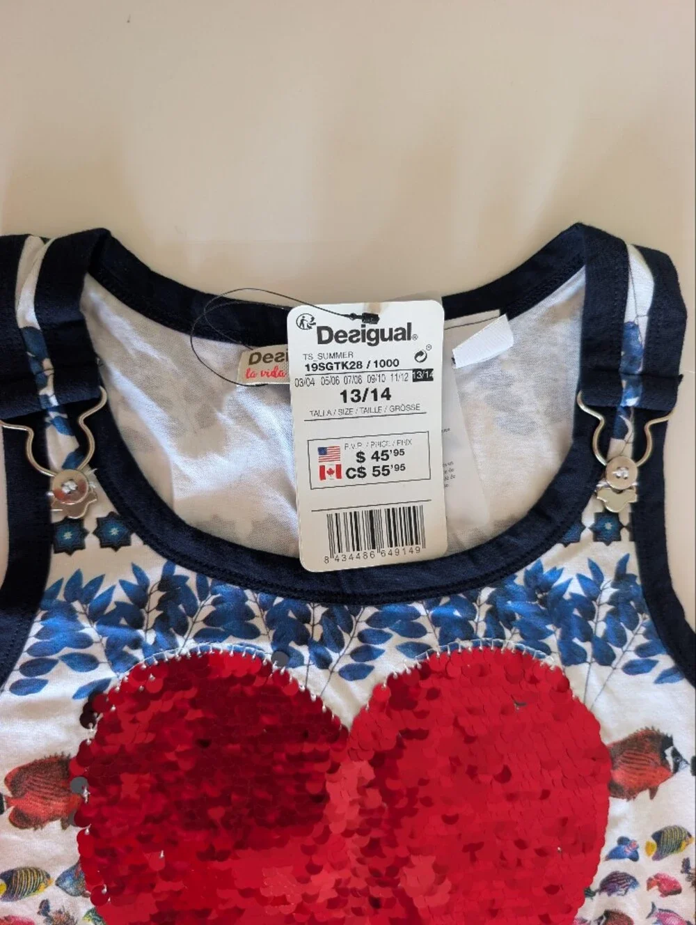 NWT Desigual Girls Reversible Sequin Heart Anchor Tank Top Size 13/14